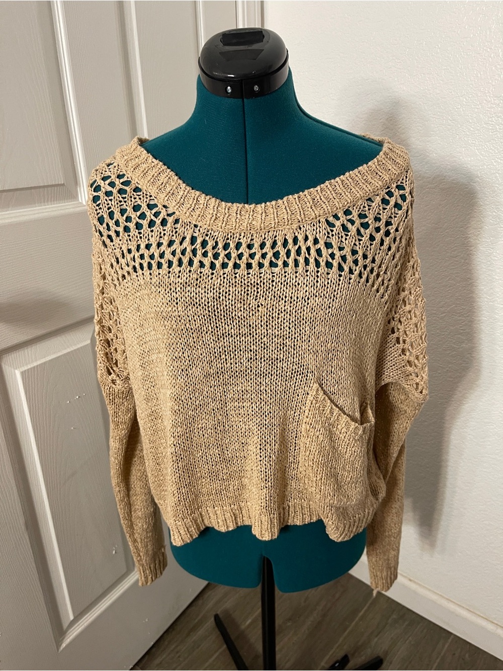 Chocolate Beige Open-Knit Off-the-Shoulder Sweater